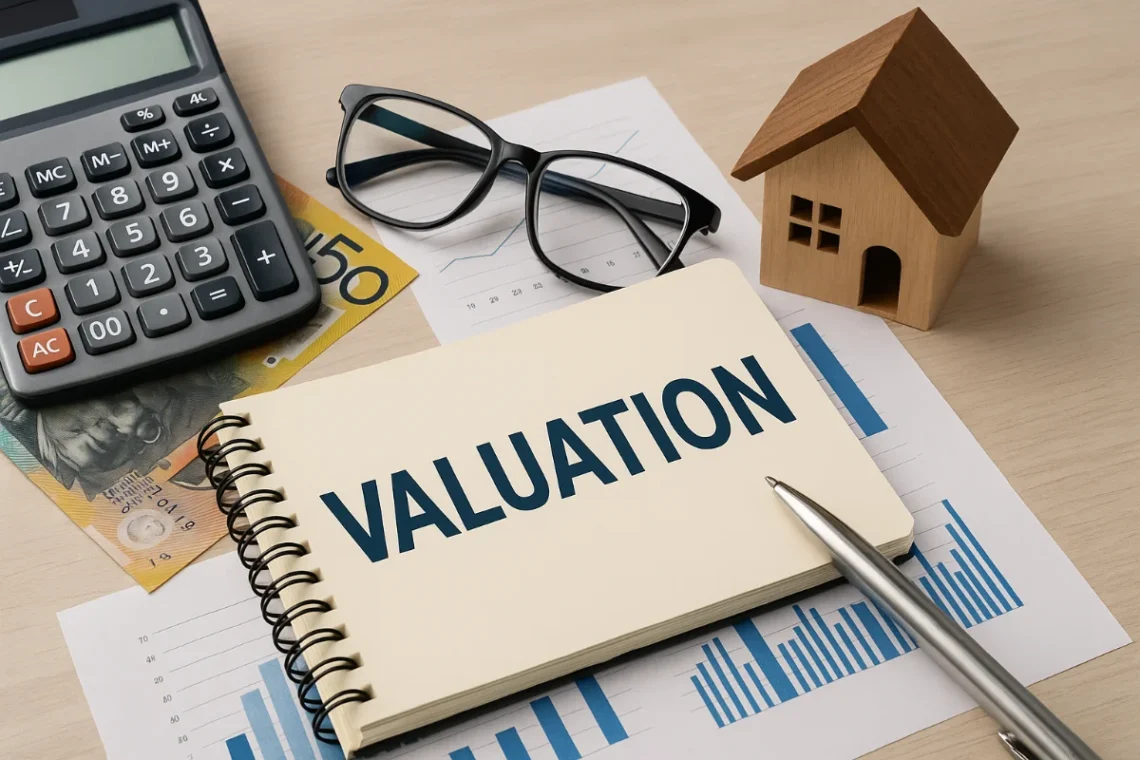 Realistic desk setup with calculator, Australian currency, wooden house model, charts, and notebook symbolising asset valuation in Australia.