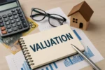 Realistic desk setup with calculator, Australian currency, wooden house model, charts, and notebook symbolising asset valuation in Australia.