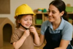 Young child playing with toys in a bright Australian daycare, supported by a caring educator in a safe and welcoming environment.