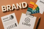 Branding elements including colour swatches, logo sketches, and a clipboard on a creative workspace desk, symbolising branding trends 2025 in Australia.