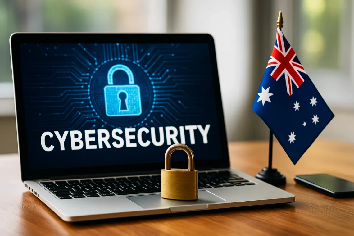 Laptop with a lock symbol, padlock, and Australian flag on an office desk representing cybersecurity in Australia.