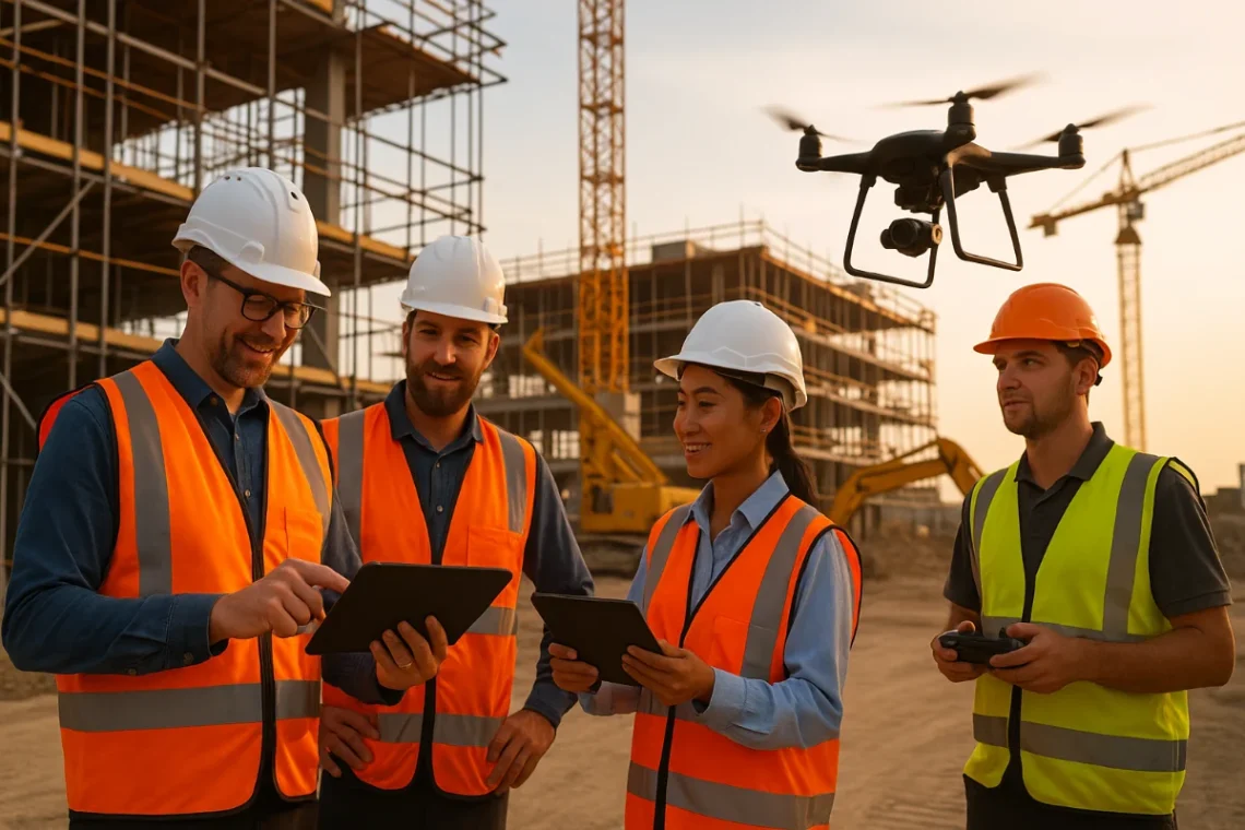Australian construction workers using digital tools and drones on a modern building site in 2025