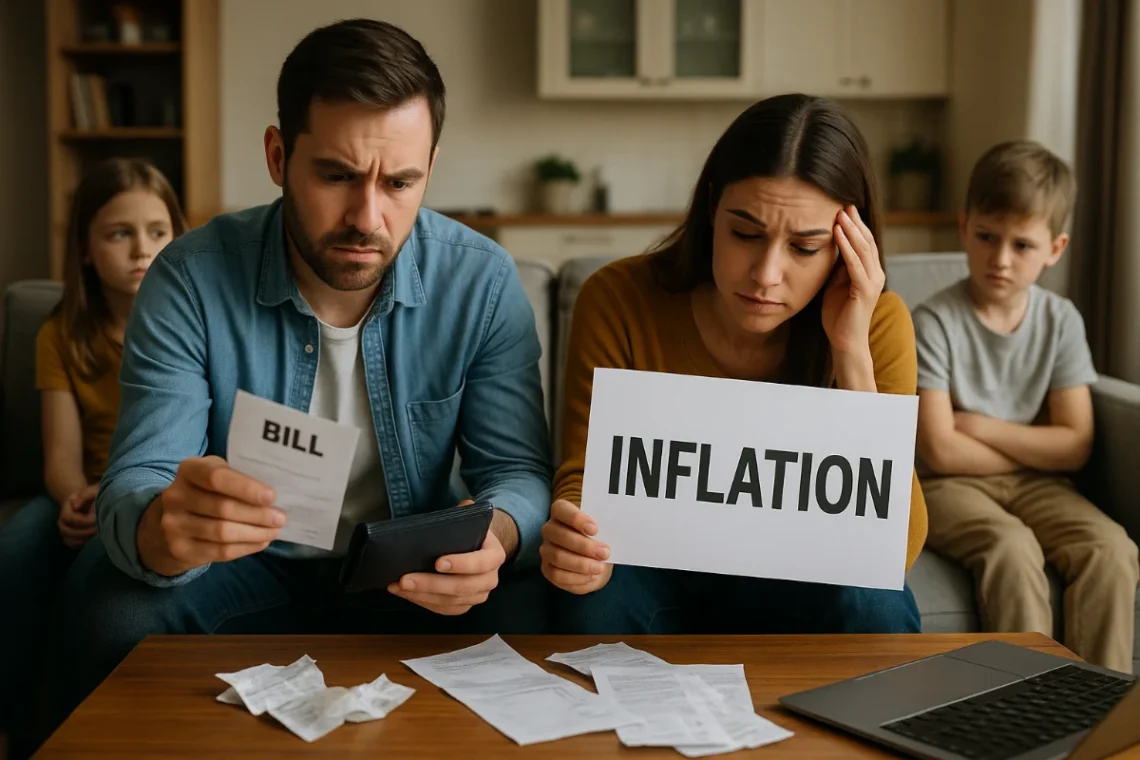 Australian family sitting at home reviewing bills and receipts, showing concern about rising living costs and inflation, natural daylight, realistic photo.