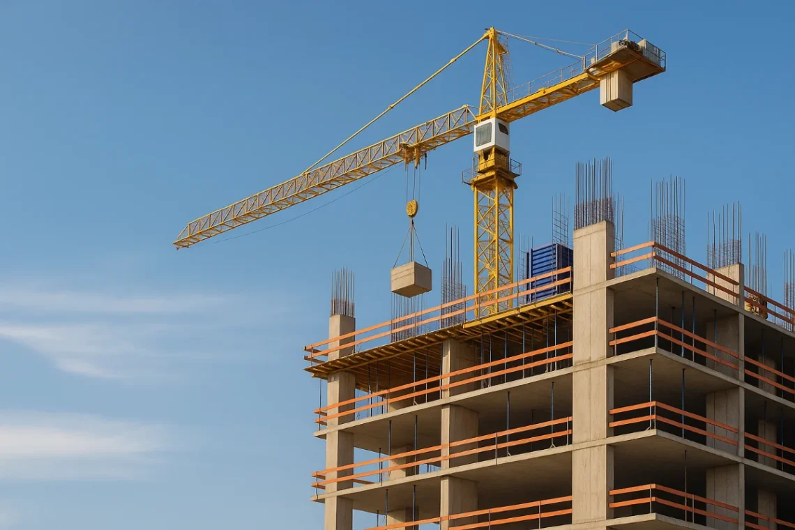 a modern Australian construction site with a yellow tower crane lifting materials beside a multi-storey building under construction.