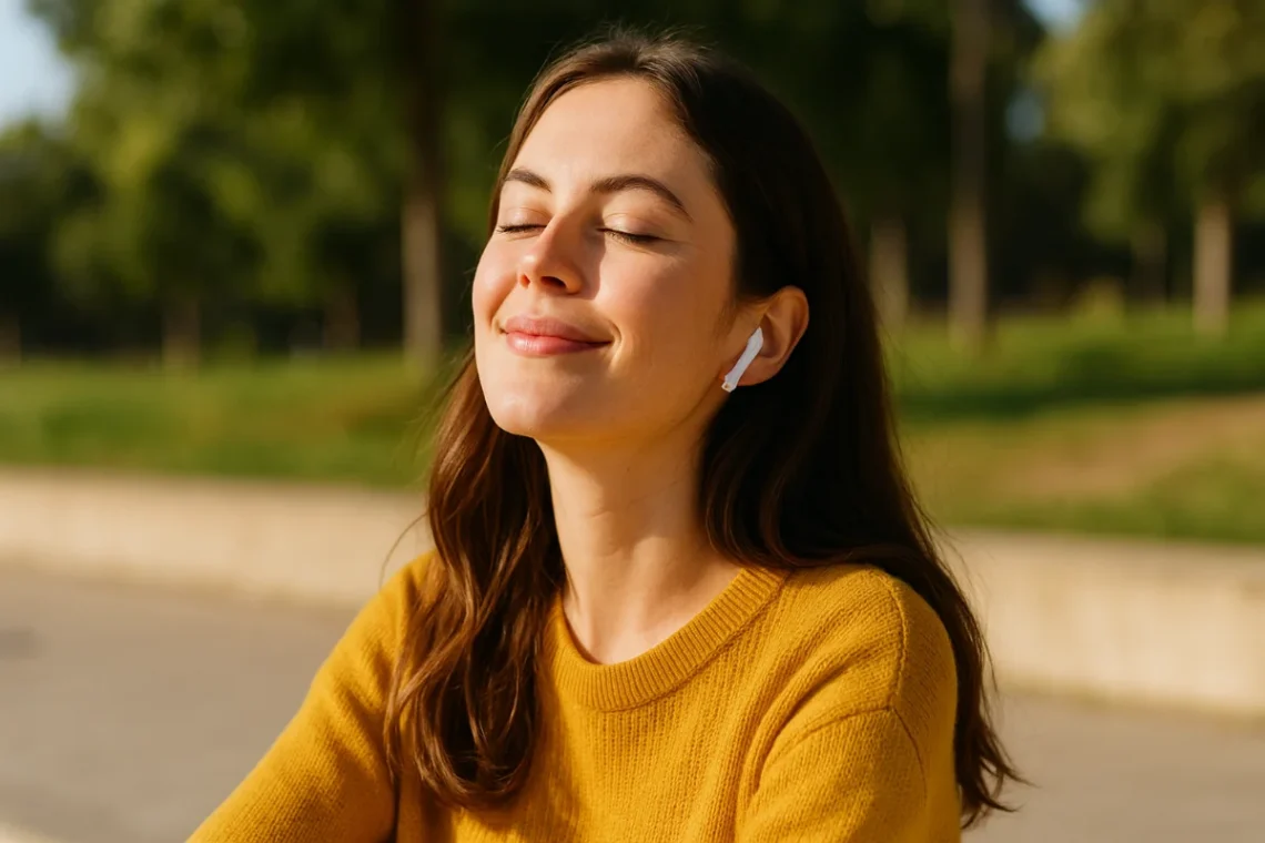 Wide-angle image of an Australian woman relaxing outdoors in sunlight with earbuds in, smiling peacefully and enjoying a moment of self care in nature.