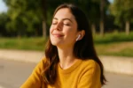Wide-angle image of an Australian woman relaxing outdoors in sunlight with earbuds in, smiling peacefully and enjoying a moment of self care in nature.