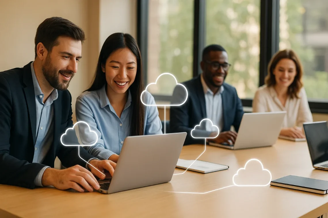 Australian business team using cloud computing technology in a modern office environment.