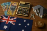 A realistic photo showing Australian banknotes, a calculator, house keys, a miniature house model, and an Australian flag on a wooden table — symbolising asset value and wealth management in Australia.