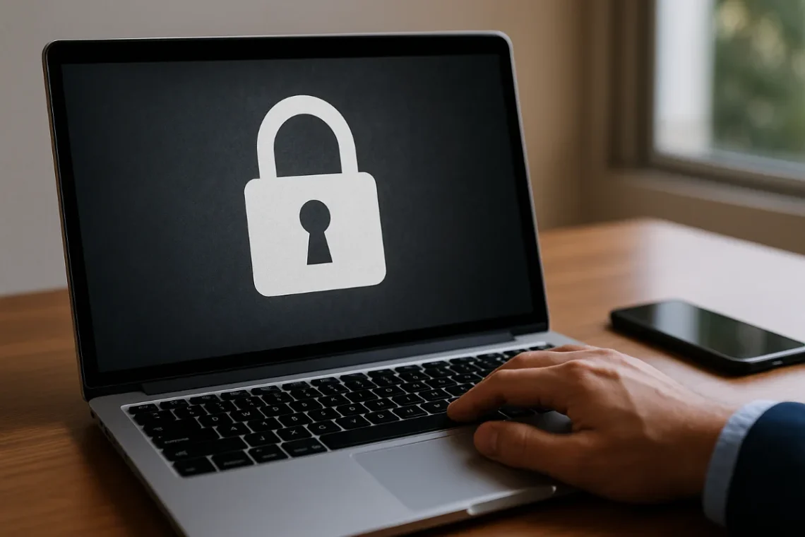 Close-up of a laptop displaying a padlock icon on screen, symbolising online privacy and data protection, with a person’s hand resting on keyboard in a bright Australian home office.