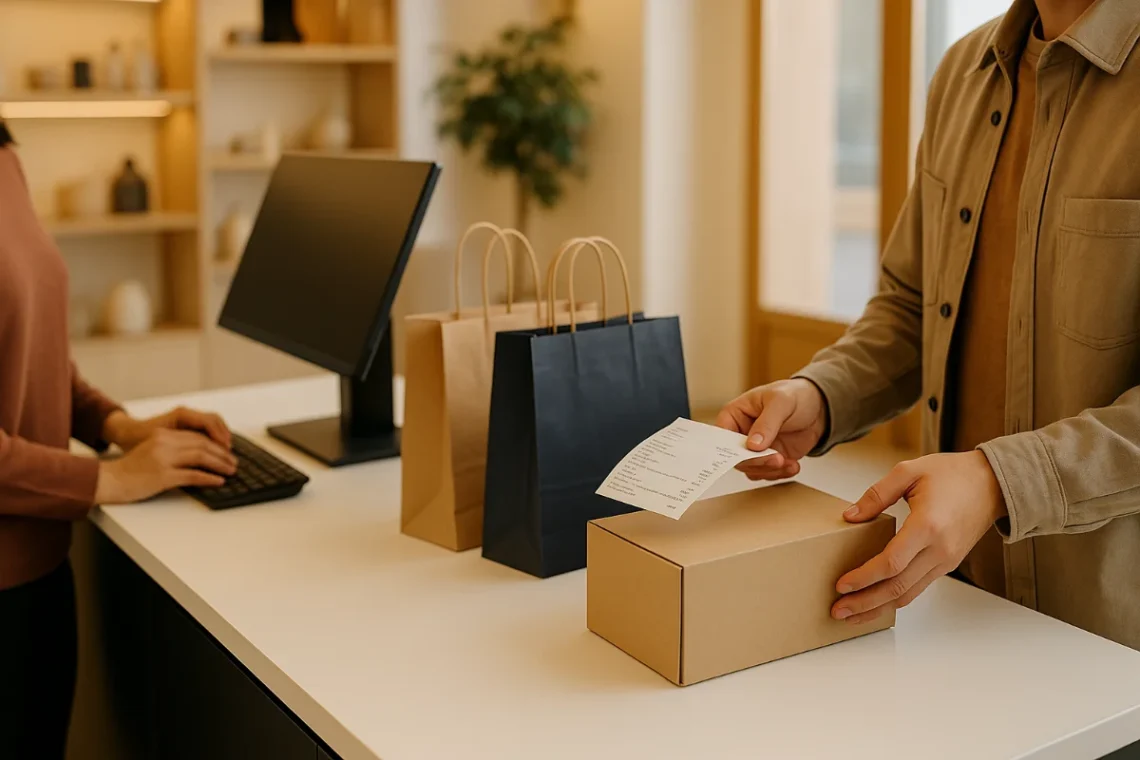 “Customer returning a product at a modern Australian retail counter with receipt and packaging.”
