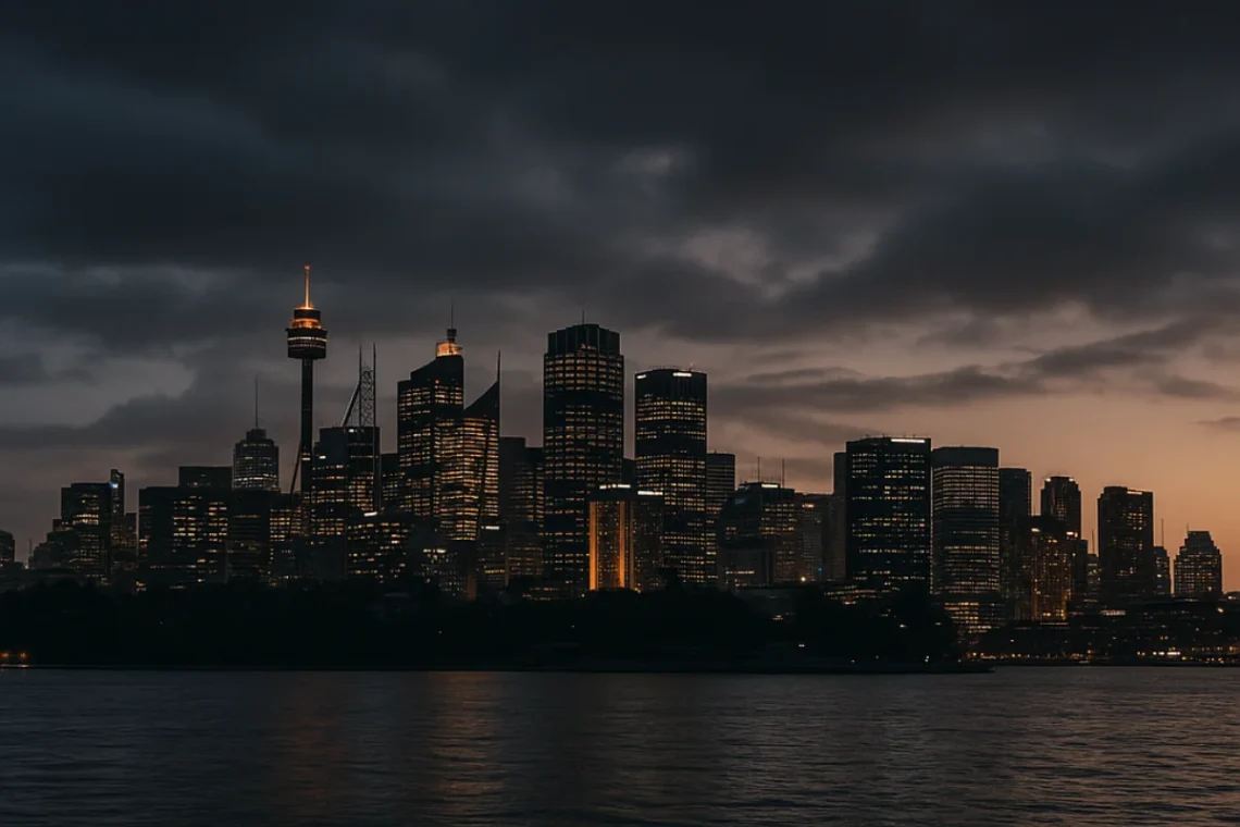 Sydney city skyline at dusk with dramatic clouds and city lights, representing economic uncertainty in Australia.
