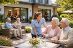 “Seniors and caregivers interacting in a modern Australian assisted living facility with outdoor garden and communal spaces.”