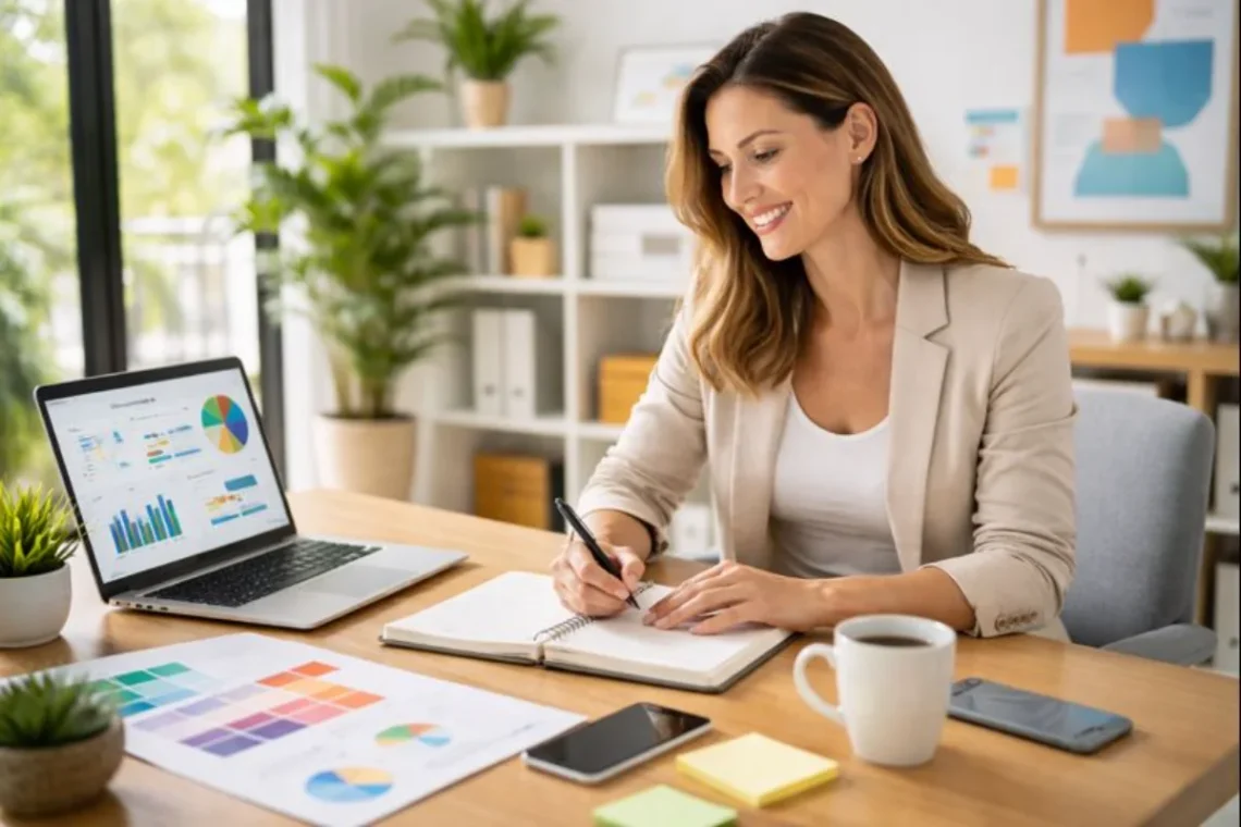 “Australian business owner planning brand strategy in a modern office with laptop and notes.”
