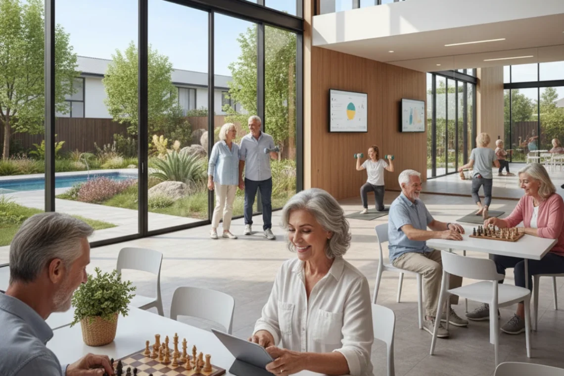 Modern assisted living community in Australia showing seniors enjoying independent living with access to supportive care services