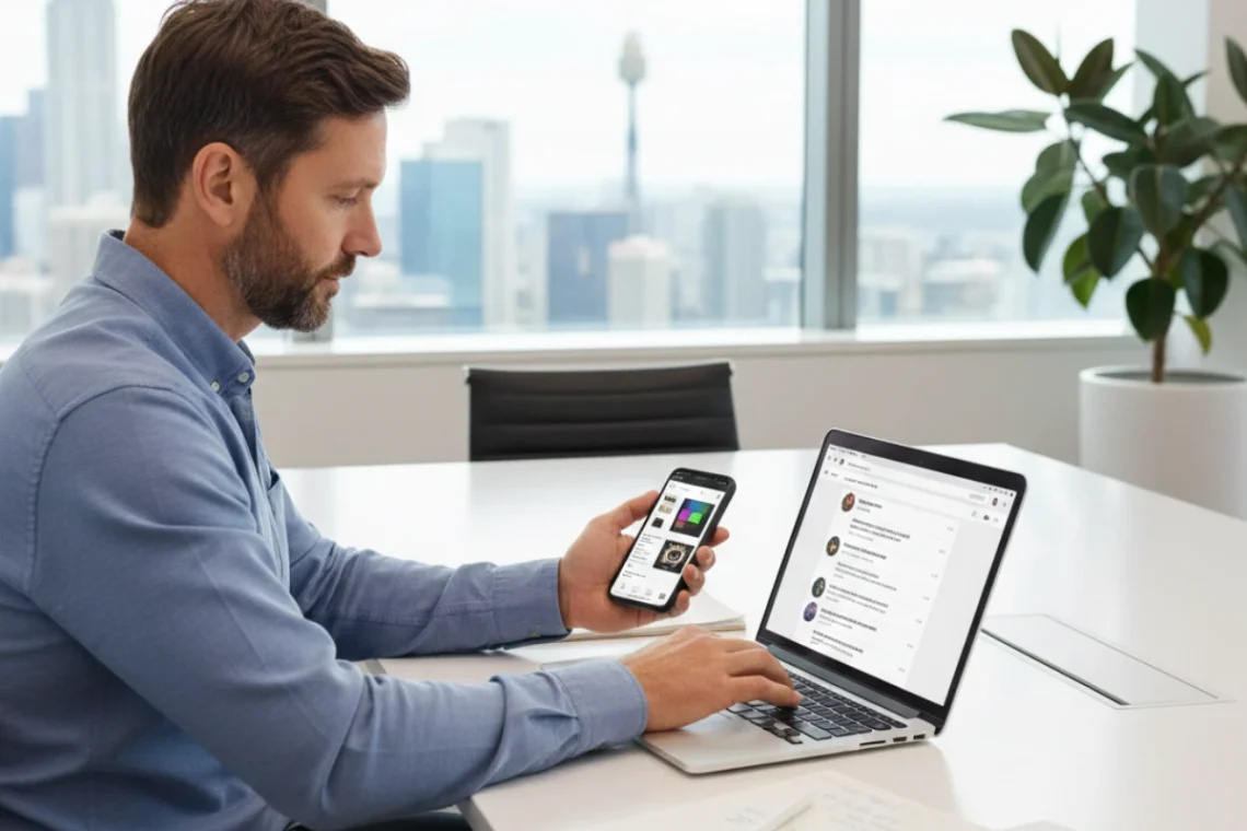 Australian business owner (male) using a laptop and smartphone to manage digital branding, social media in meeting office