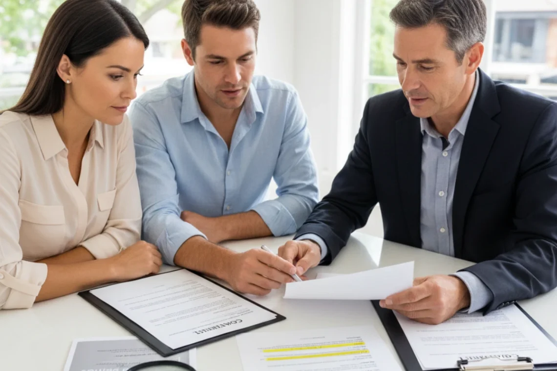 Australian home buyers reviewing property contracts with a real estate agent, illustrating home buyer rights and legal protections in Australia