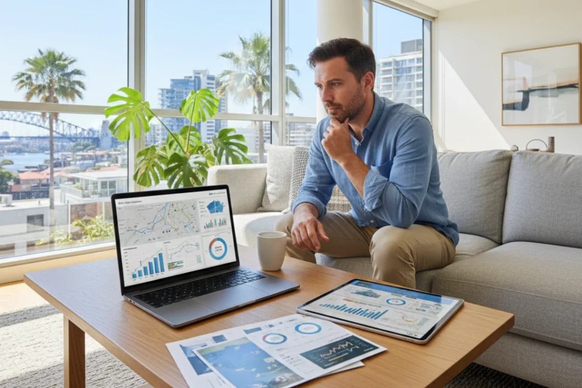 Australian investor reviewing property options with a laptop and real estate charts in a modern home setting