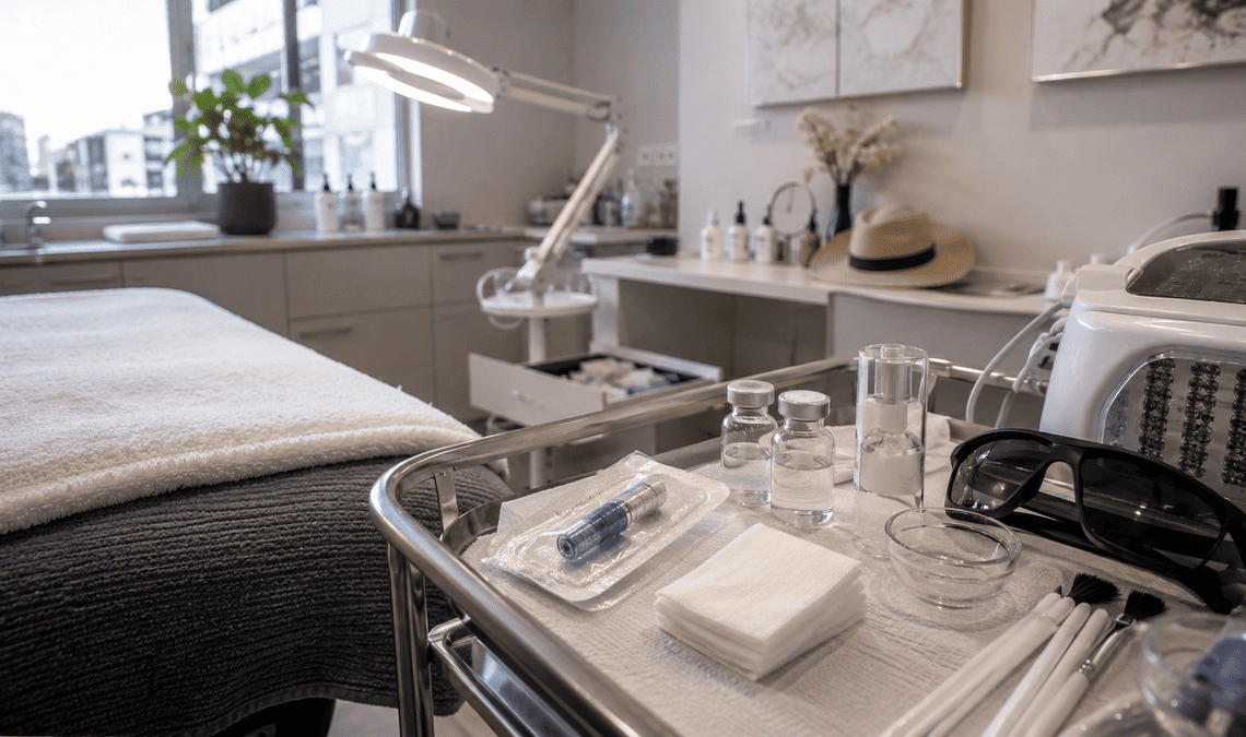 Modern Australian skin clinic with treatment bed, skincare tools, LED device and natural daylight.