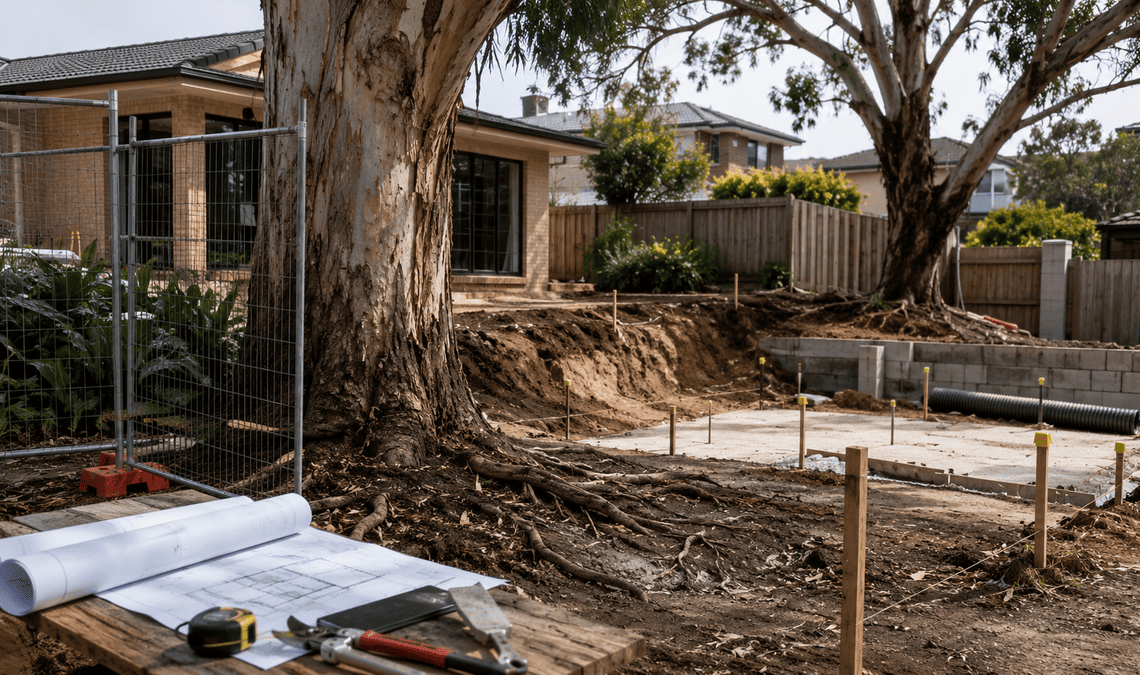 Mature eucalyptus beside a suburban construction excavation with exposed roots, tree protection fencing, plans and arborist tools.