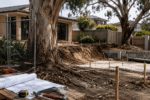 Mature eucalyptus beside a suburban construction excavation with exposed roots, tree protection fencing, plans and arborist tools.