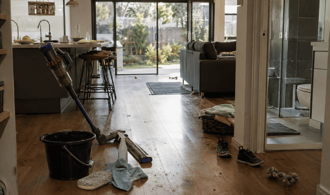 Lived-in Australian home with cleaning tools, pet hair, crumbs and everyday clutter.
