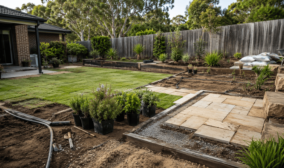 Australian backyard undergoing residential landscaping with new turf, paving, garden beds, irrigation and potted plants.