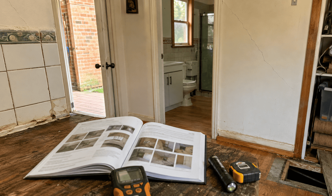 Building inspection report and inspection tools inside an older Australian home.