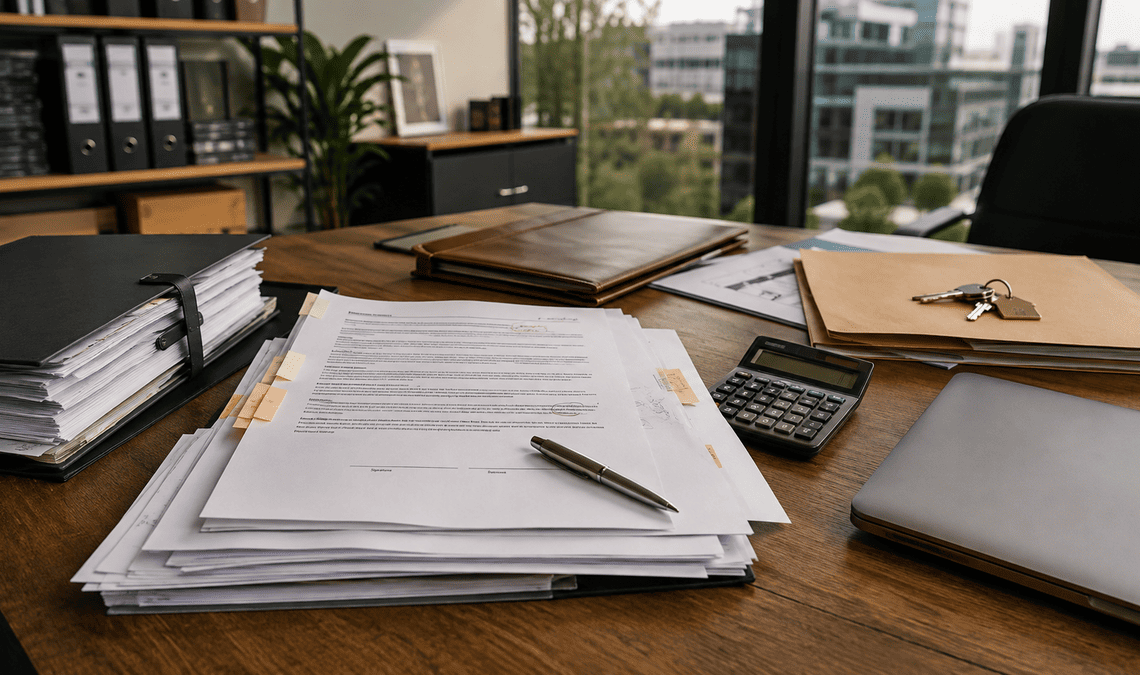 Commercial contracts and legal documents on an Australian business office desk.