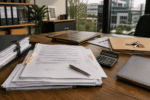 Commercial contracts and legal documents on an Australian business office desk.