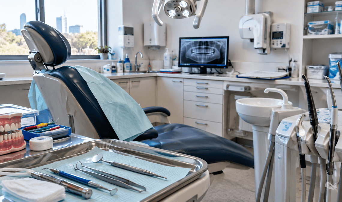 Realistic Australian dental clinic with examination chair, dental tools, X-ray screen, and natural daylight.
