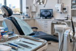 Realistic Australian dental clinic with examination chair, dental tools, X-ray screen, and natural daylight.