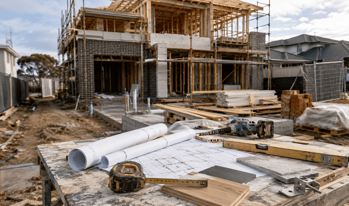 Australian home construction site with building plans, tools, timber framing and materials.