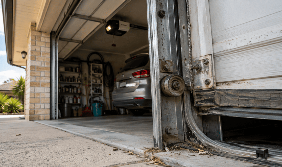 Worn garage door roller, cable and track in an Australian suburban garage.