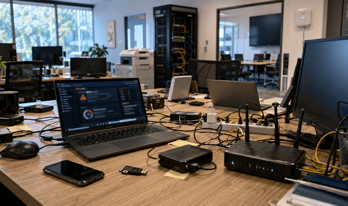 Cluttered Australian office desk with laptops, routers, cables and IT equipment showing growing technology management issues.