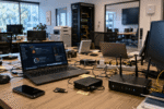 Cluttered Australian office desk with laptops, routers, cables and IT equipment showing growing technology management issues.