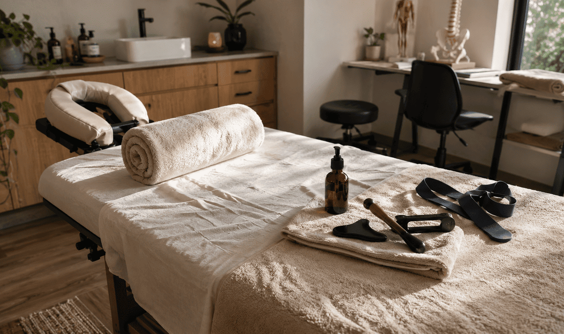 Realistic Australian massage clinic with treatment table, towels, massage oil and therapy tools.