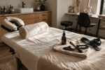 Realistic Australian massage clinic with treatment table, towels, massage oil and therapy tools.