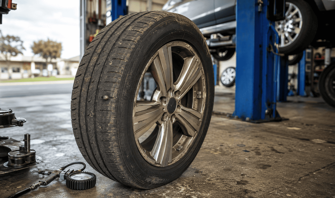 Worn car tyre being inspected inside a professional Australian tyre workshop.