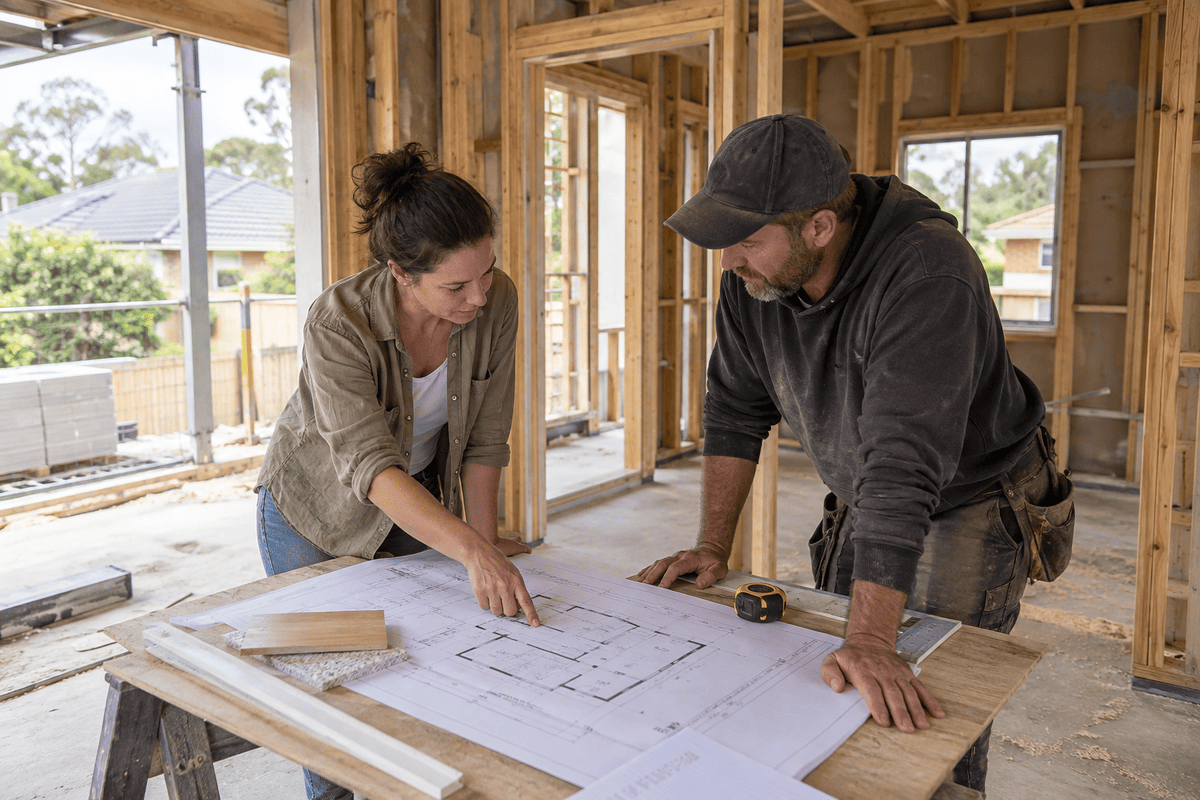 Homeowner and builder checking plans inside a timber-framed home