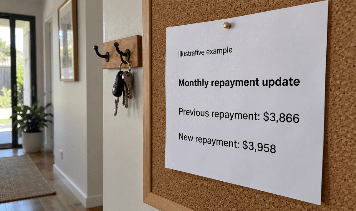 Mortgage repayment update pinned to a hallway noticeboard beside house keys.