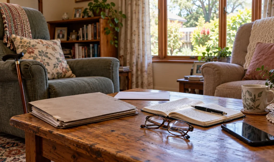 Documents, notebook and reading glasses prepared for an aged care assessment.