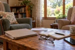 Documents, notebook and reading glasses prepared for an aged care assessment.