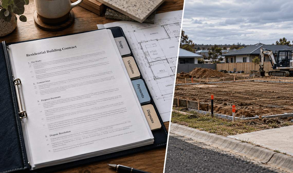 Residential building contract and Australian construction site.
