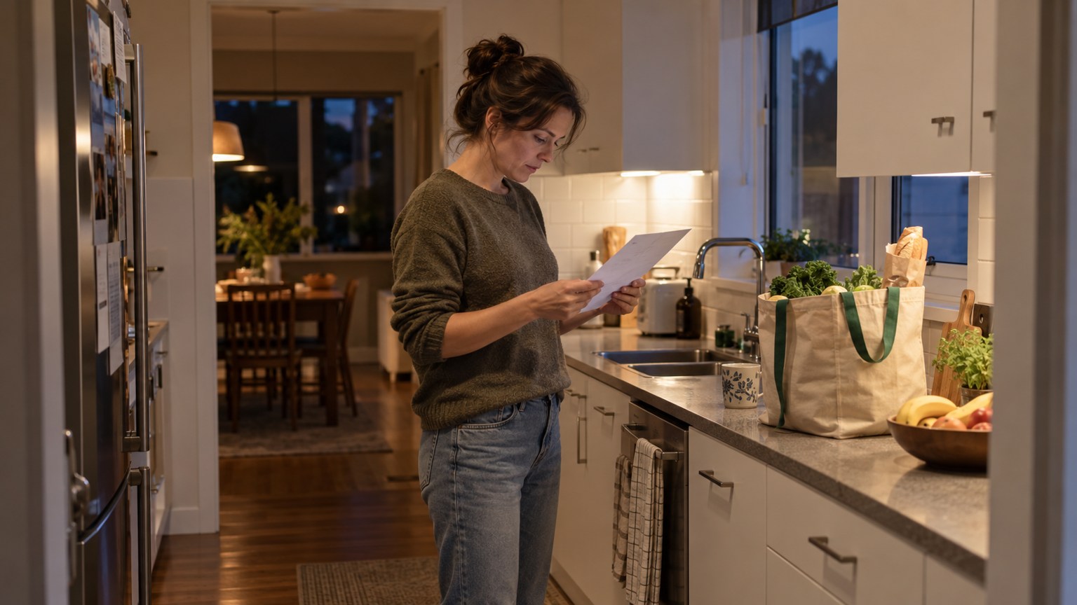 Woman reviewing a bank letter beside groceries in her kitchen