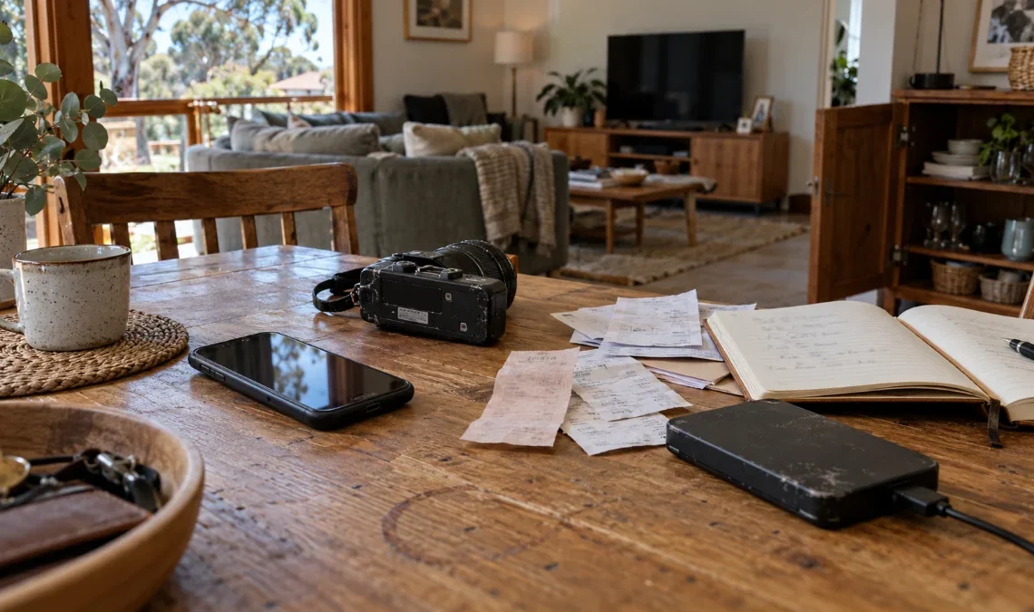 Household inventory records, camera and backup drive on a timber table.
