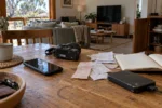 Household inventory records, camera and backup drive on a timber table.