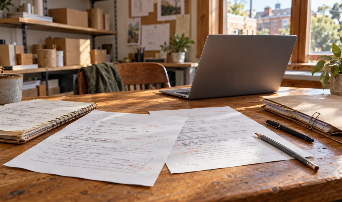 Brand voice drafts, notebook and laptop on a small business desk.