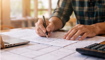 Person marking building plans beside a calculator